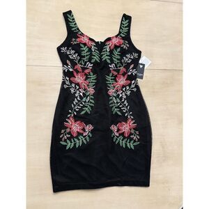NWT Guess Embroidered Mini Bodycon Dress – Black & Floral – Women’s 12
